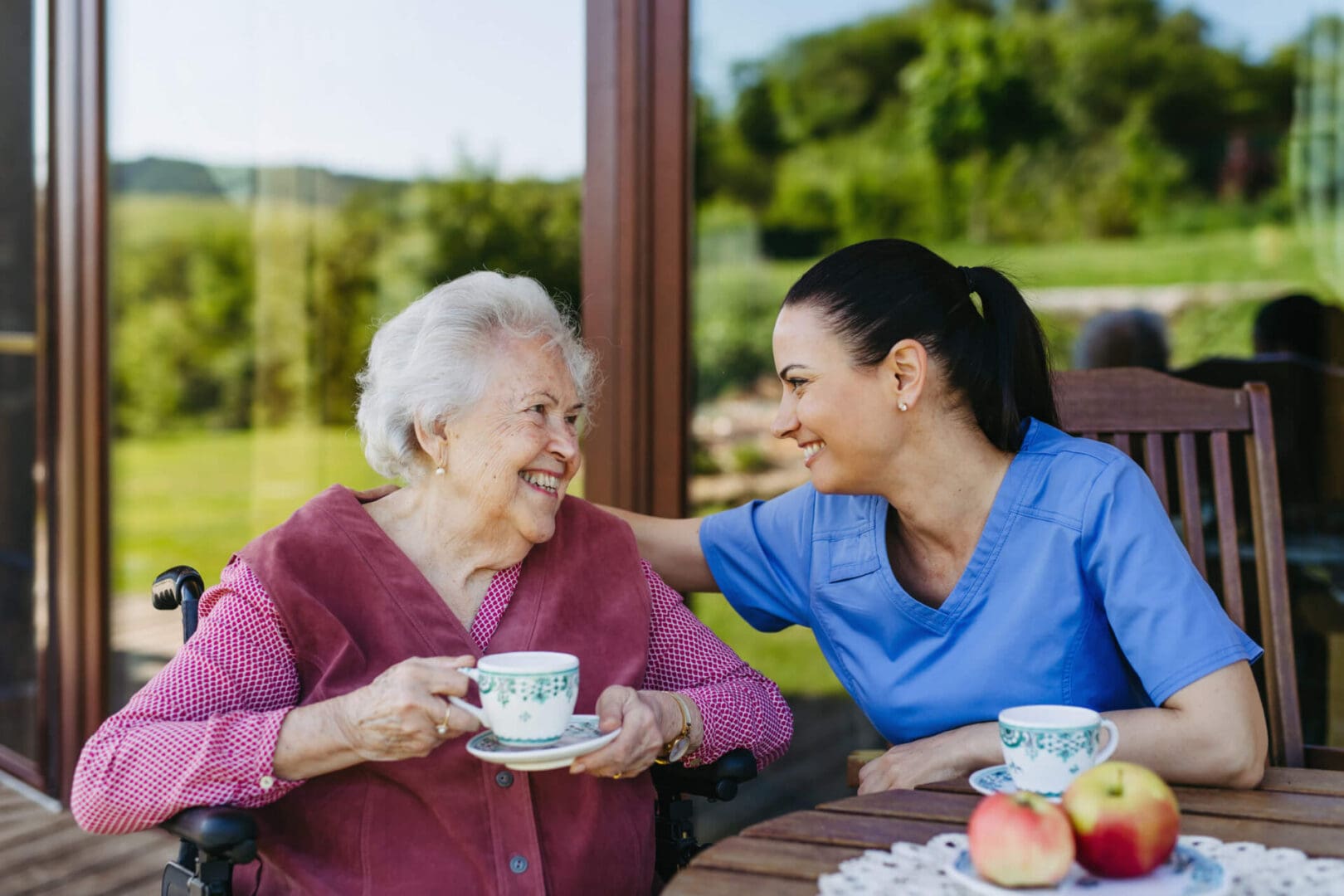A woman and an old lady sitting at a table providing home care services