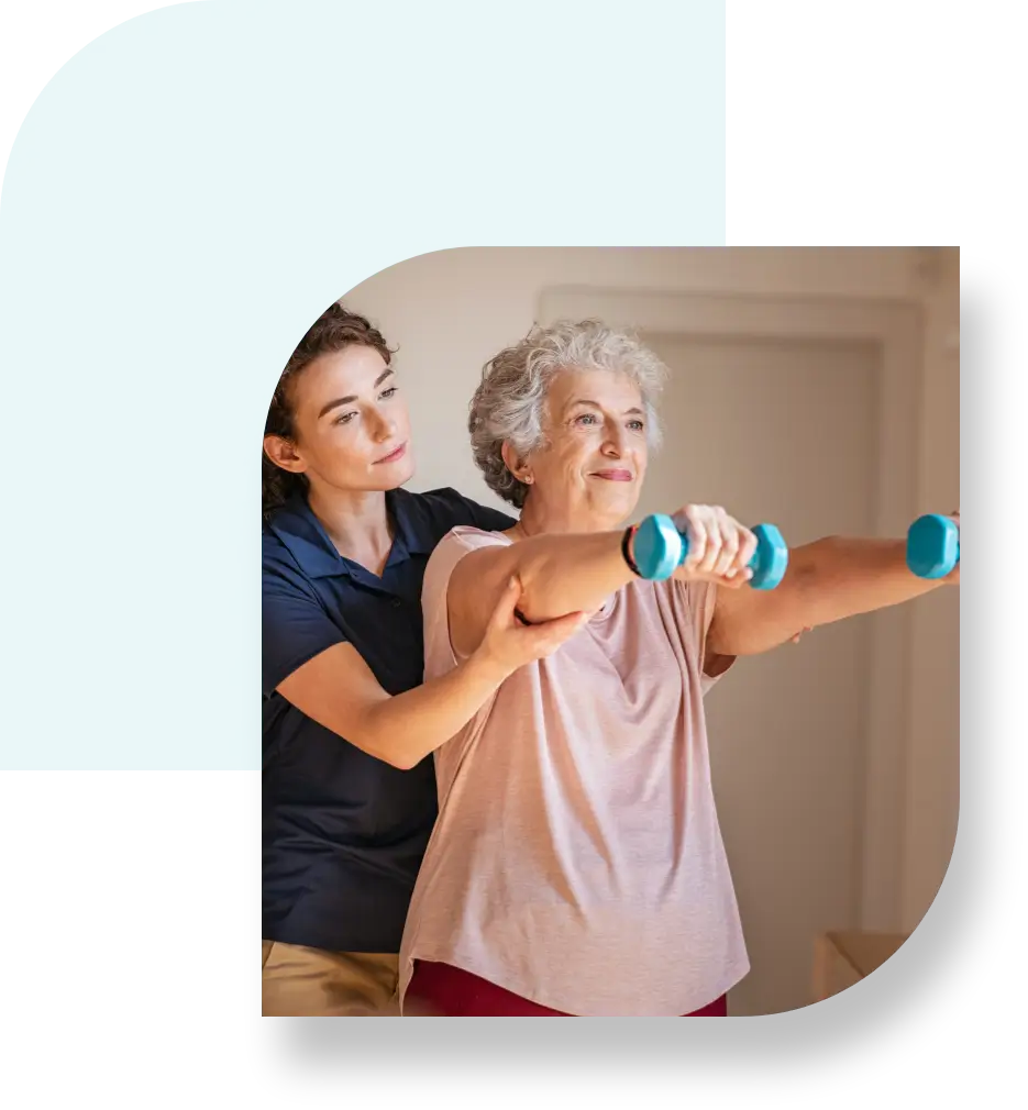 A woman and an older person are holding blue dumbbells.